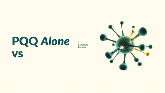 16:9 blog header for PQQ Alone vs a Complete Formula, headline text on the left, teal and gold mitochondria and PQQ molecule illustration on the right