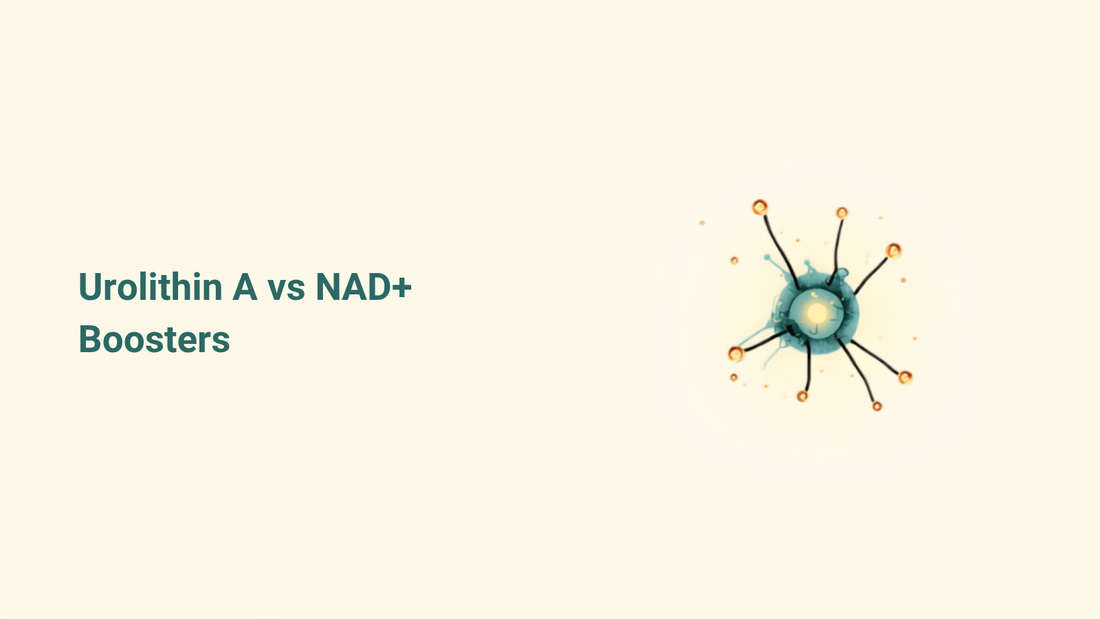 16:9 blog header for Urolithin A vs NAD+ Boosters, headline text on the left, teal and gold molecule comparison illustration on the right