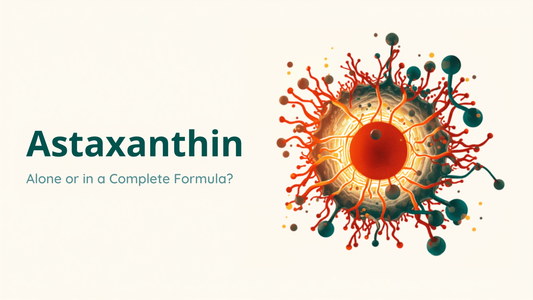 16:9 blog header for Astaxanthin Alone or in a Complete Formula, headline text on the left, teal and gold astaxanthin molecule illustration on the right