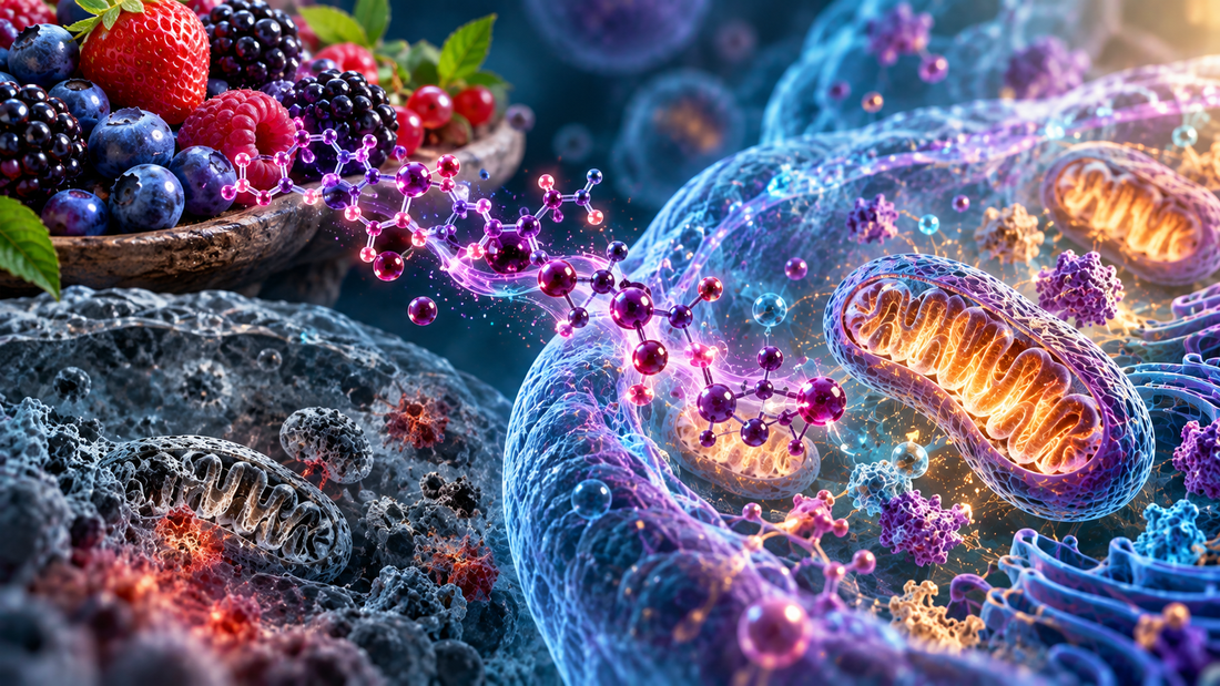 Scientific 3D illustration of anthocyanins, mitochondria, and cellular aging