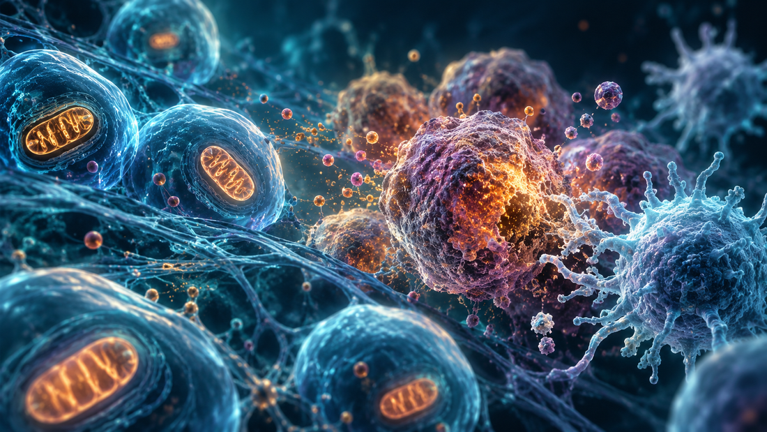 Scientific 3D illustration of organ-specific biological aging and cellular resilience