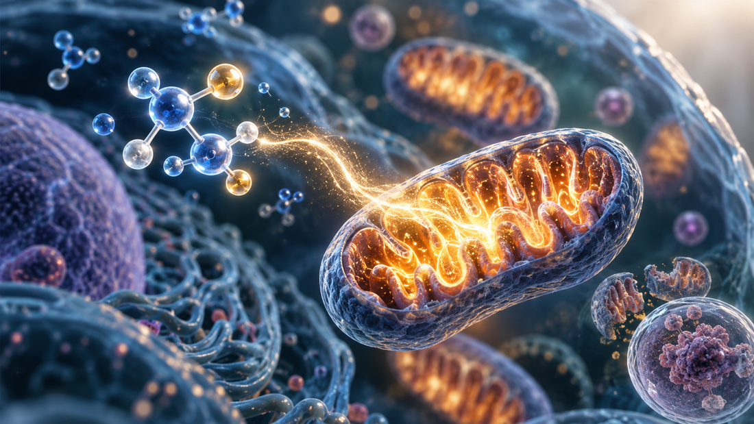 3D microscopic illustration of mitochondria and NAD+ related cellular energy pathways