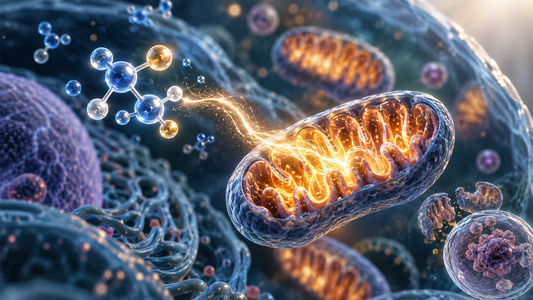 3D microscopic illustration of mitochondria and NAD+ related cellular energy pathways