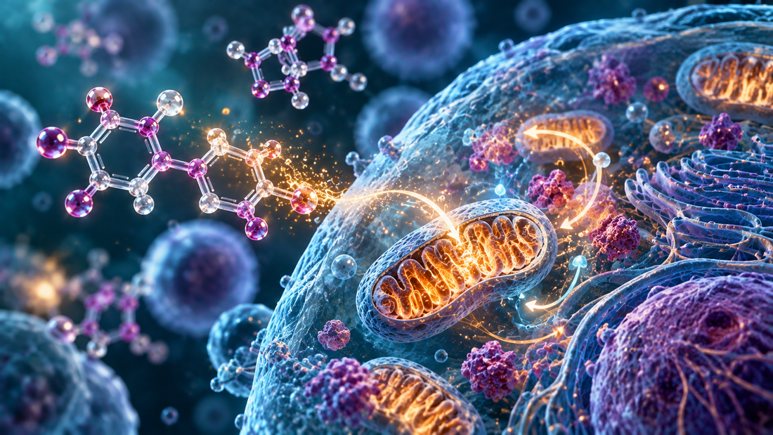 Scientific 3D illustration of resveratrol signaling, mitochondria, and cellular stress responses