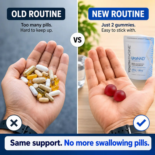 A split comparison graphic showing a person's open hand holding many assorted pills under the label 'OLD ROUTINE' versus two red gummies under the label 'NEW ROUTINE,' with text comparing pill burden and a small package of UrNAD Youth Engine visible on the right.