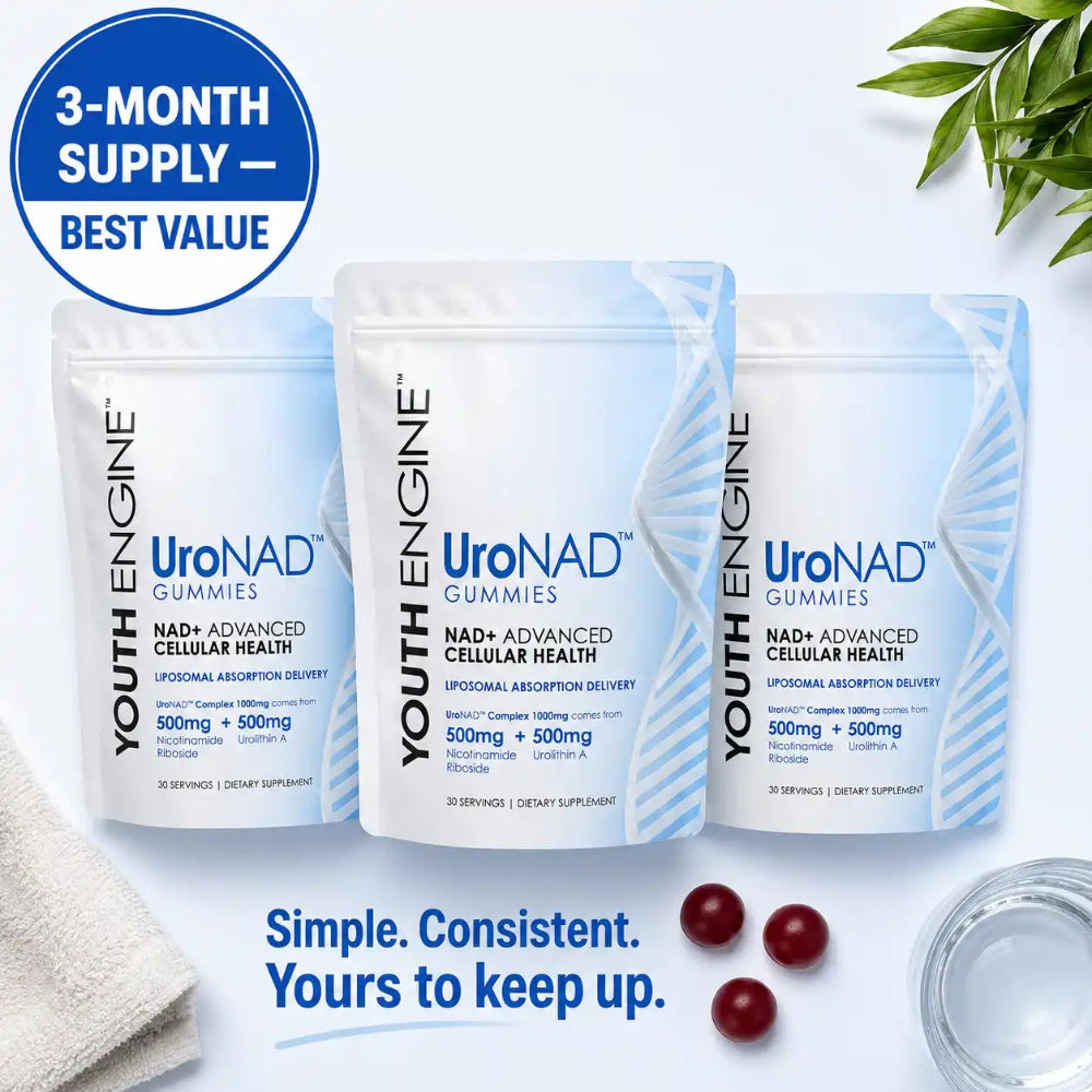 Three stand-up pouches of Youth Engine UroNAD Gummies are arranged on a light blue background with a blue '3-MONTH SUPPLY - BEST VALUE' badge, decorative leaves, a towel, red gummies, and a glass of water.